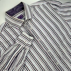 Michelsons London Button Up Mens Purple Striped Shirt Size Large 100% Cotton